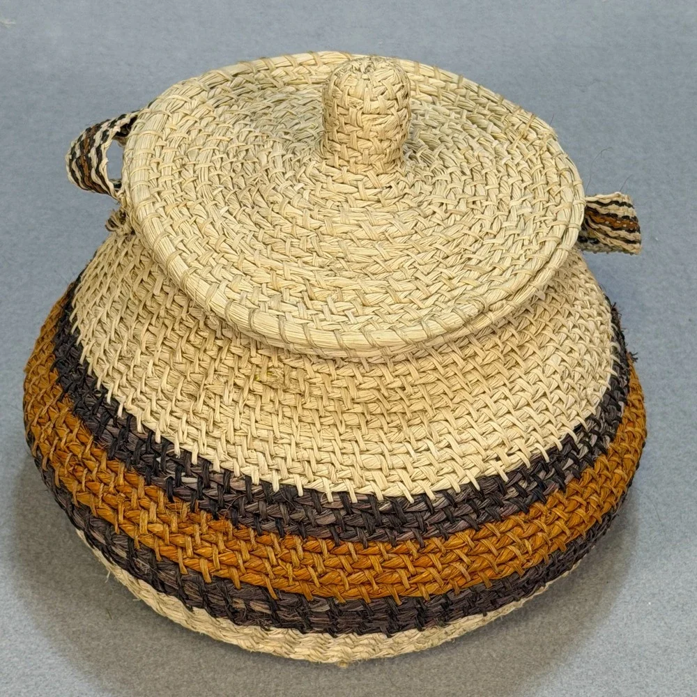 Southwestern Style Woven Basket with Lid & Handle – Rustic Boho Home Decor
